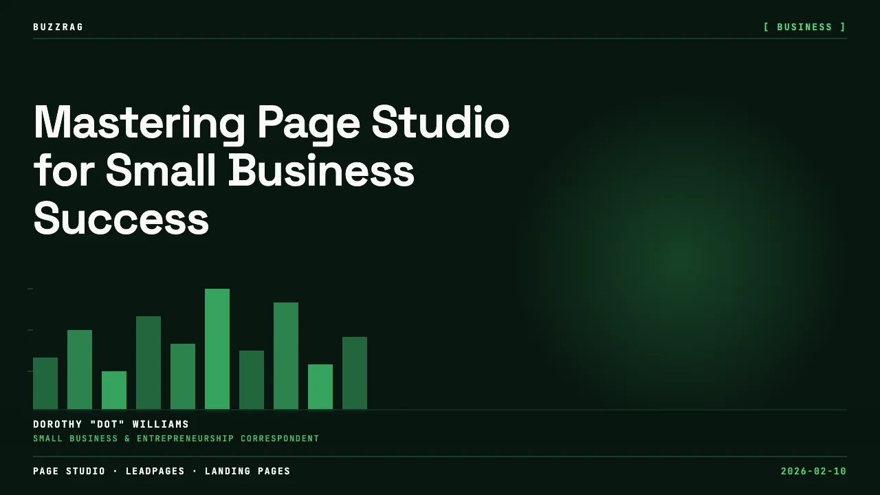Tutorial screenshot showing Page Studio interface with a landing page design for headphones, featuring layers panel and…