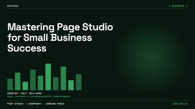 Tutorial screenshot showing Page Studio interface with a landing page design for headphones, featuring layers panel and…