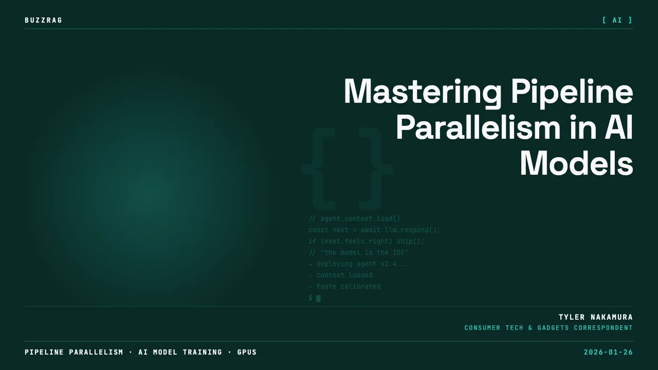 Man with curly dark hair against blue digital background with white text reading "Pipeline Parallelism: training AI models