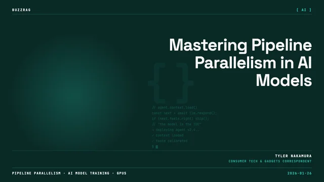 Man with curly dark hair against blue digital background with white text reading "Pipeline Parallelism: training AI models