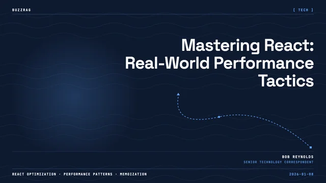 Man with glasses speaking at microphone next to React logo on dark blue digital background