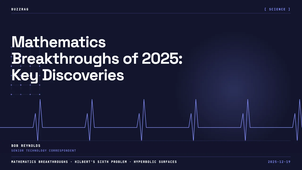 Glowing red crystalline structures in a surreal landscape with "The Year in MATH" text overlay and a mathematical graph…