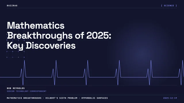 Glowing red crystalline structures in a surreal landscape with "The Year in MATH" text overlay and a mathematical graph…