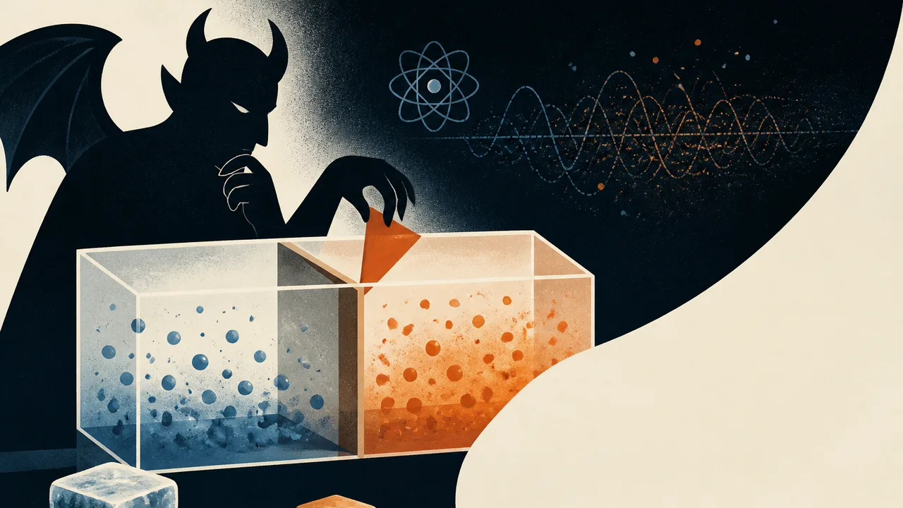 Man in glasses gestures while explaining, with a fiery demonic skull against a red quantum grid background