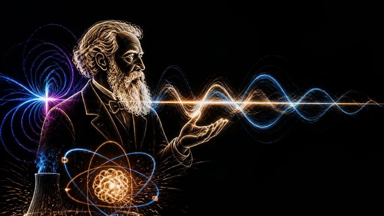 Two men flanking a glowing blue plasma or energy beam against a dark background with cyan border frame