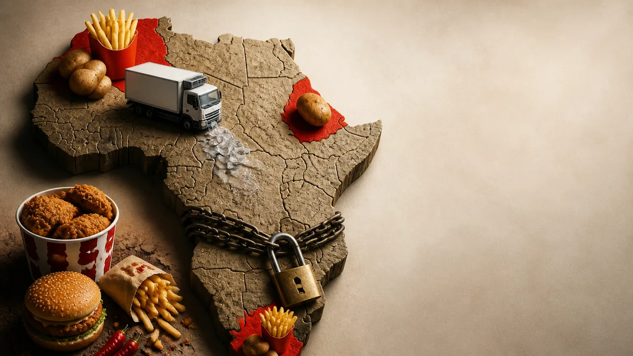 A golden map of Africa with a "nah" speech bubble rejecting the McDonald's golden arches logo against a red background