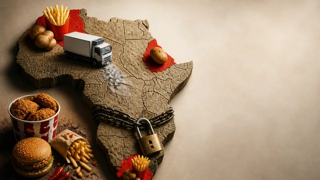 A golden map of Africa with a "nah" speech bubble rejecting the McDonald's golden arches logo against a red background