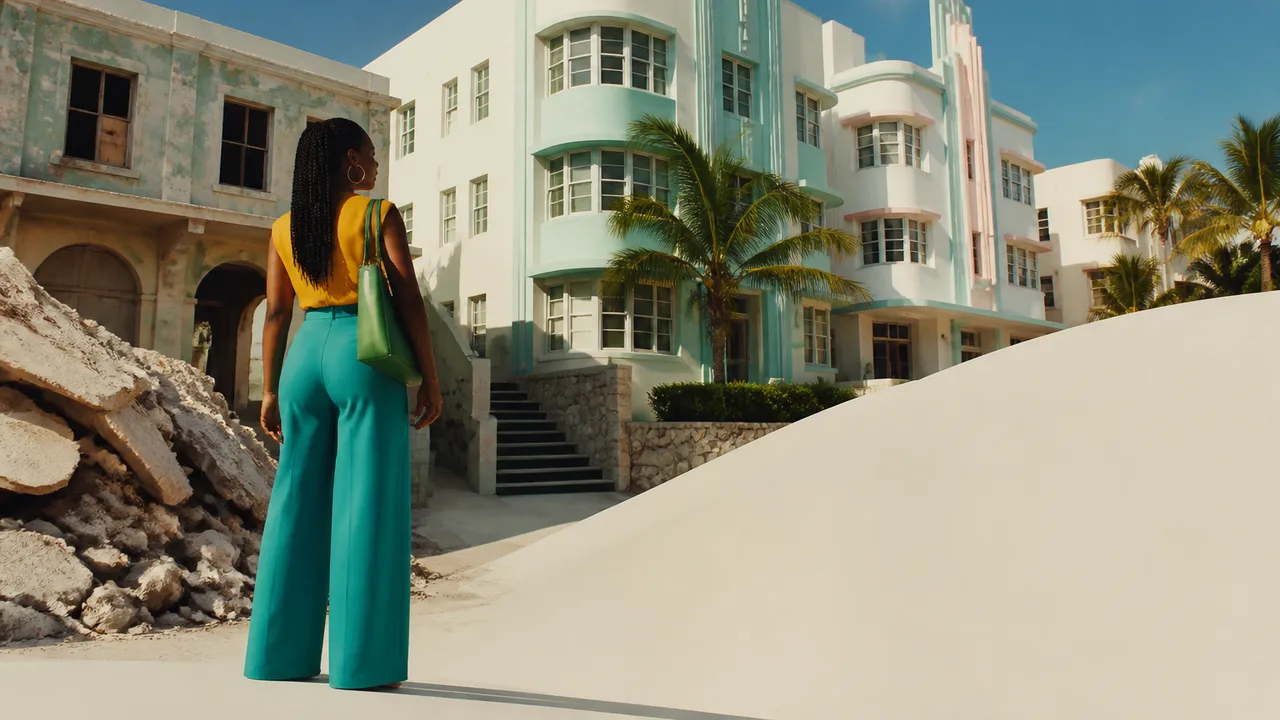 Colorful Art Deco buildings with pastel facades line Miami Beach's oceanfront promenade under a bright blue sky