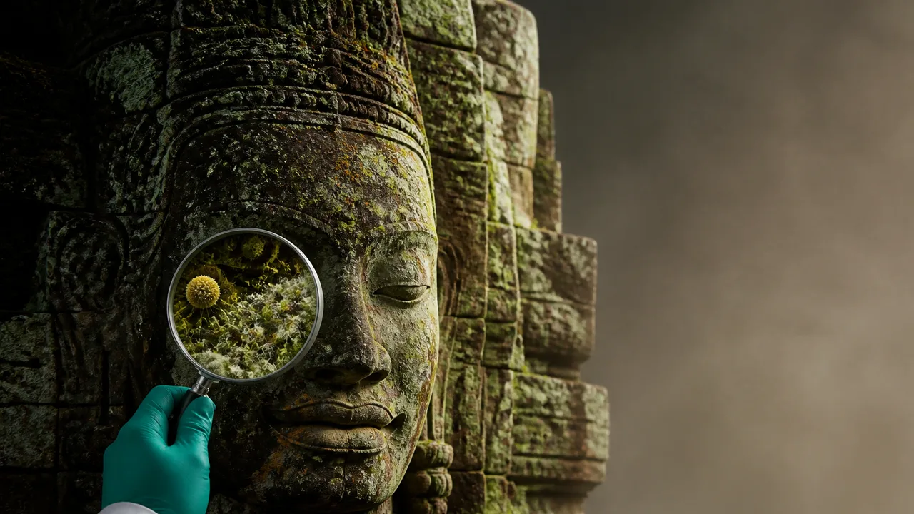 Ancient temple with ornate spires surrounded by palm trees under cloudy sky, with "MICROBES" text and SciShow logo overlaid
