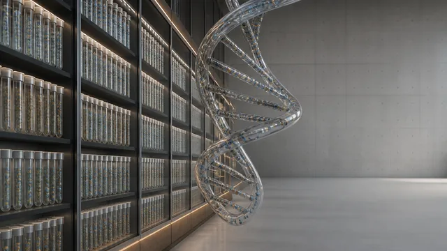 Microsoft scientist examines glowing DNA helix in laboratory setting with data encoding diagram and storage vial,…