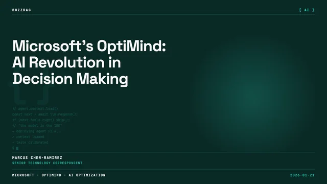 Microsoft executive presents OPTIMIND AI on stage, with futuristic green AI head and kiwi fruit brain imagery displayed…