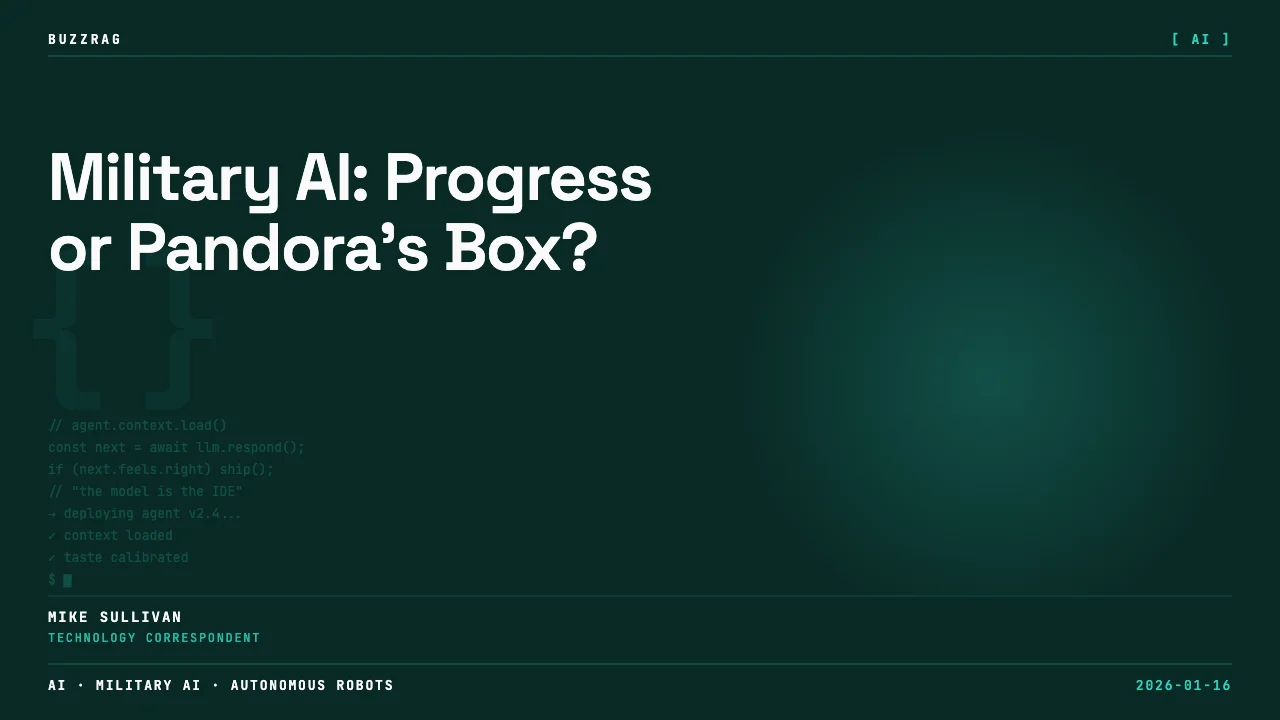 A humanoid robot in a workshop faces a man in a brown shirt with text overlay reading "Robot turns to Slaughterbot