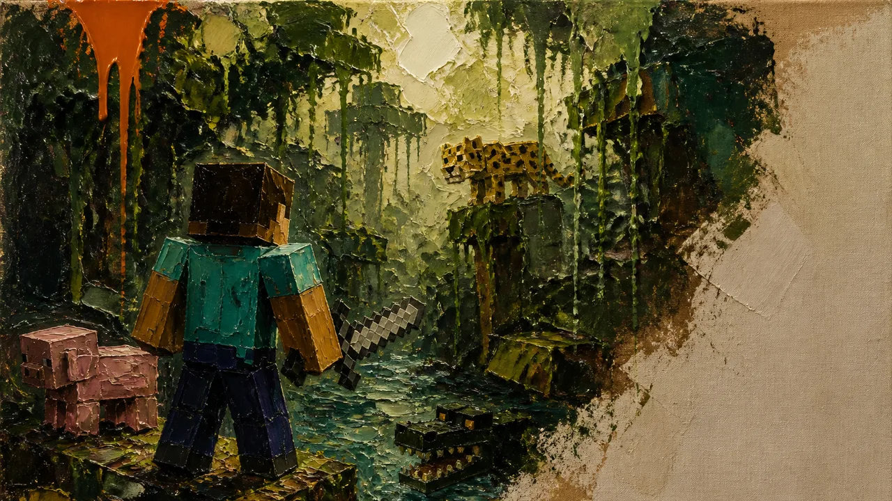 A Minecraft player in teal armor stands on a grassy cliff overlooking a massive overgrown jungle fortress shrouded in mist…