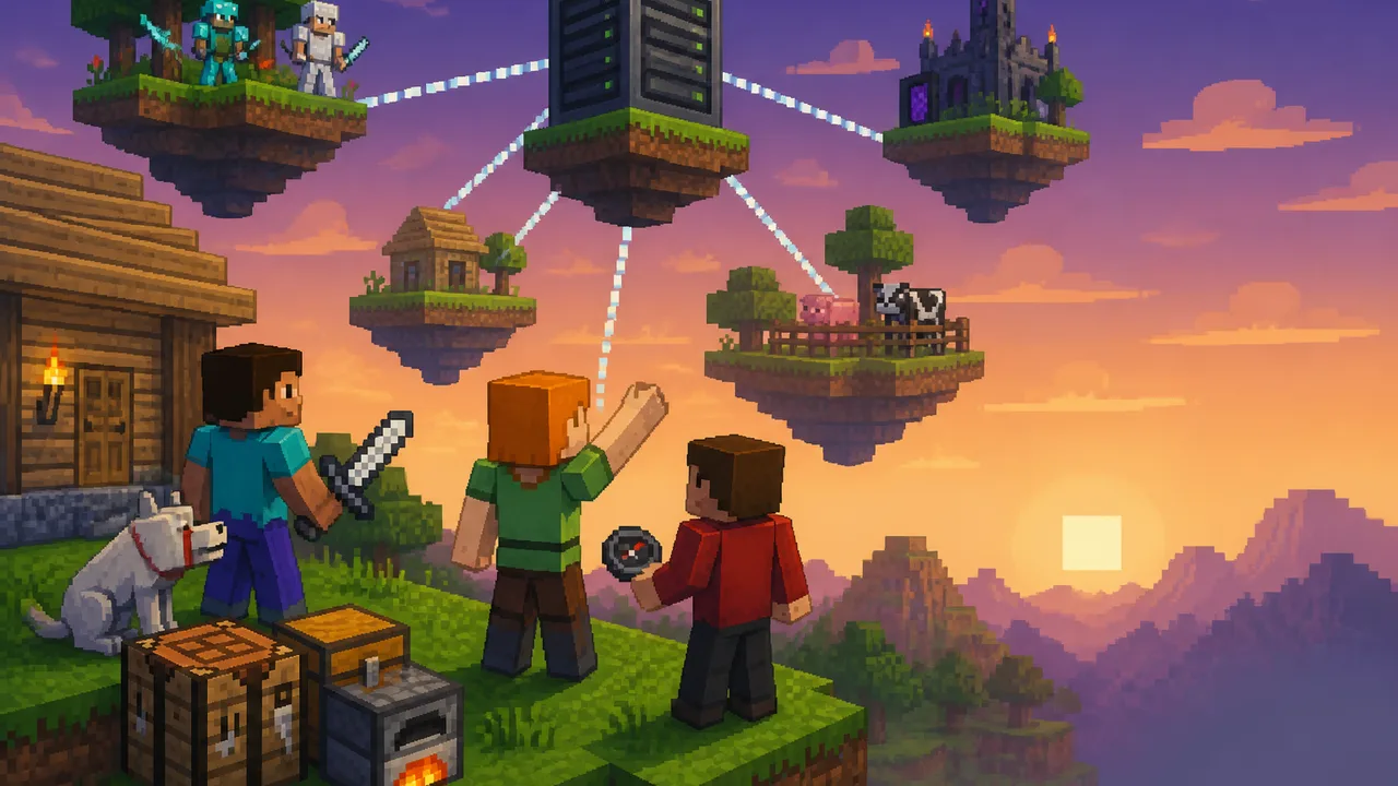 Four Minecraft characters stand in a desert biome with cacti and dry grass, with "PLAY WITH FRIENDS" text overlaid at the top