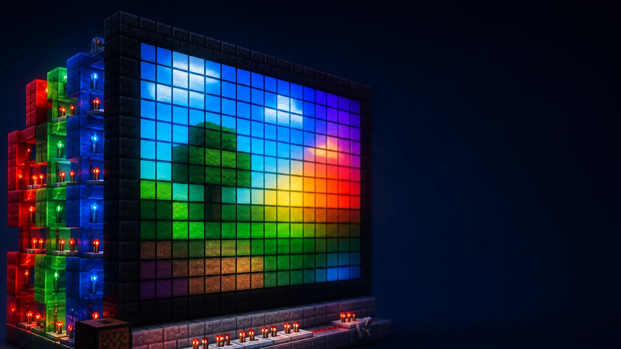 A pixelated man's face displayed on a LED screen with Minecraft UI elements and "LED" text overlay on a beach background