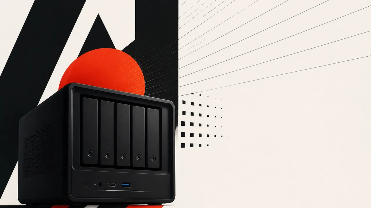 A sleek black network storage device with five front-access bays against a blue background, labeled with AMD Strix Halo NAS…