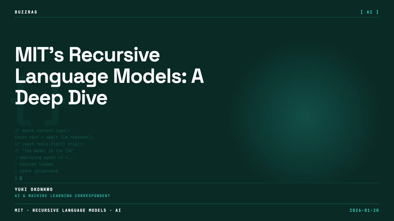 Research paper on Recursive Language Models displayed alongside a smiling man against a code-filled background with…