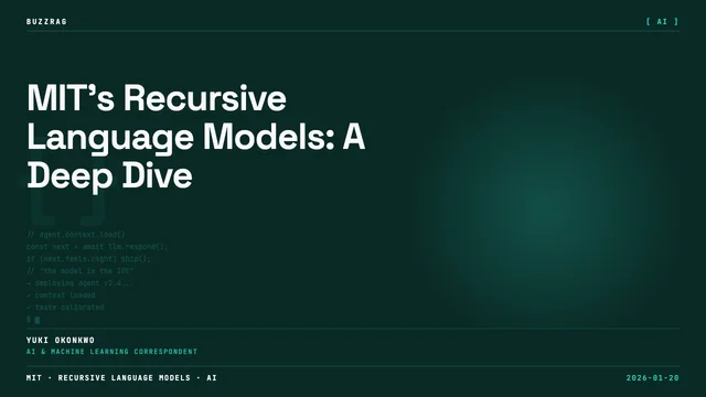 Research paper on Recursive Language Models displayed alongside a smiling man against a code-filled background with…