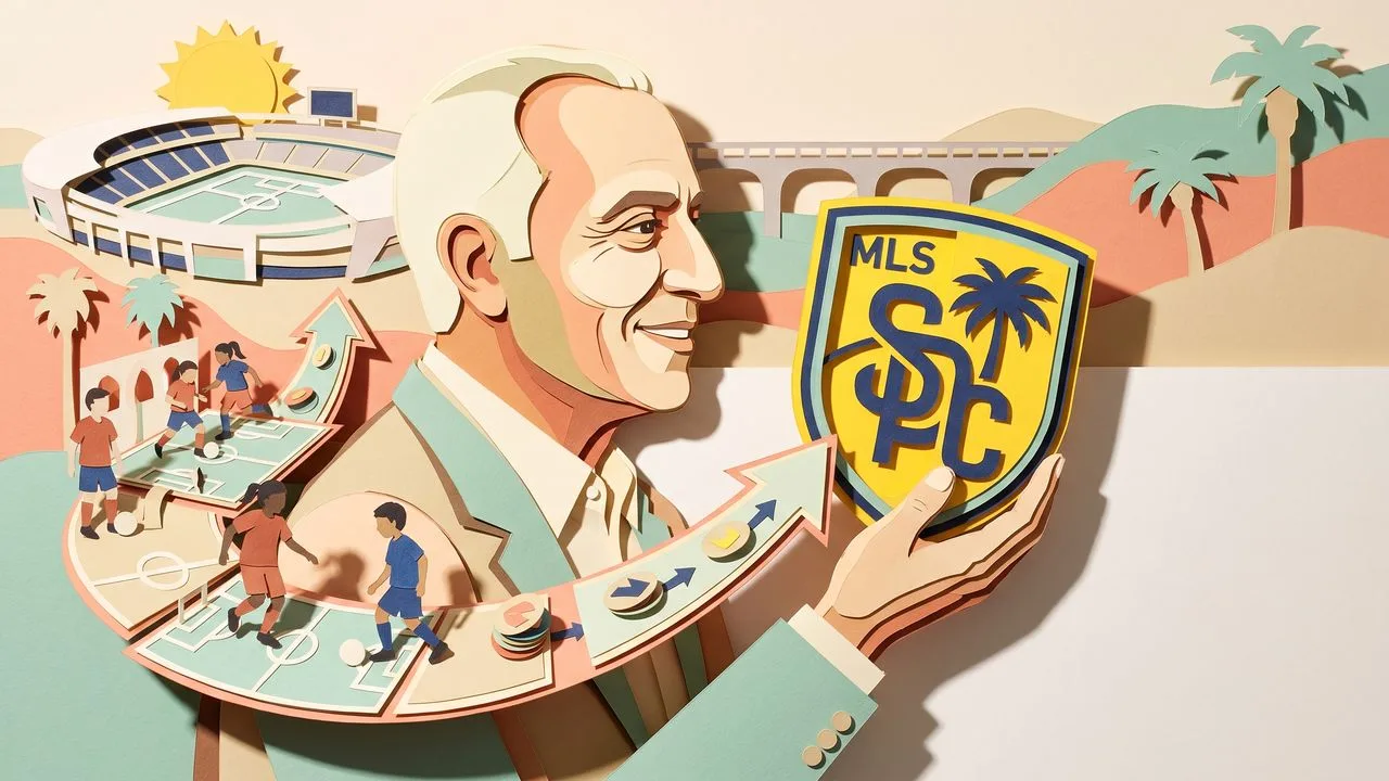 Sir Mohamed Mansour speaking at SBJ On Stage event with USA Soccer backdrop, wearing navy suit and light blue tie while…