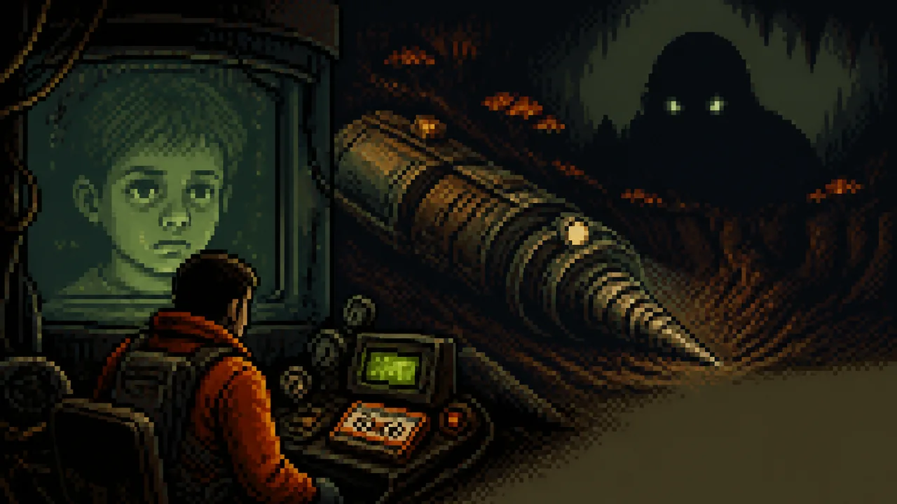 Sci-fi themed video game scene showing a humanoid figure lying on a medical bed with futuristic equipment and monitors in…