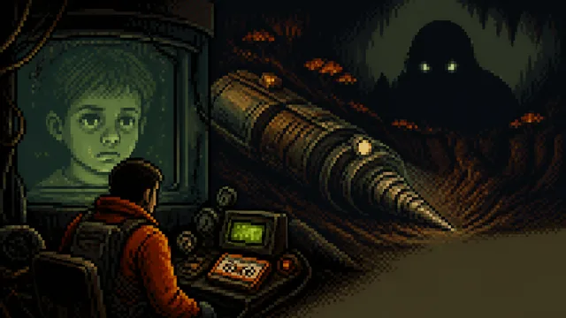 Sci-fi themed video game scene showing a humanoid figure lying on a medical bed with futuristic equipment and monitors in…