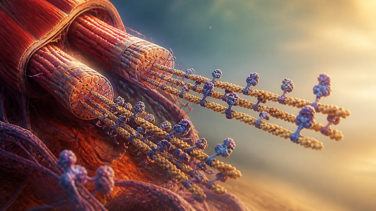 Colorful 3D molecular structure visualization showing protein complexes in vibrant orange, blue, and purple against a dark…