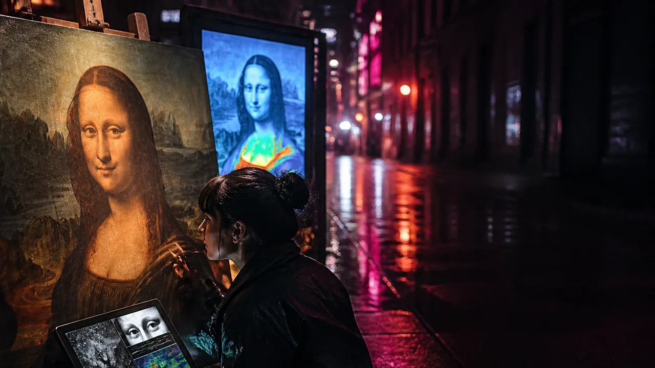 Close-up of the Mona Lisa with a white arrow pointing to her smile, blue “WHY THIS WORKS” text, and PBS NOVA logo