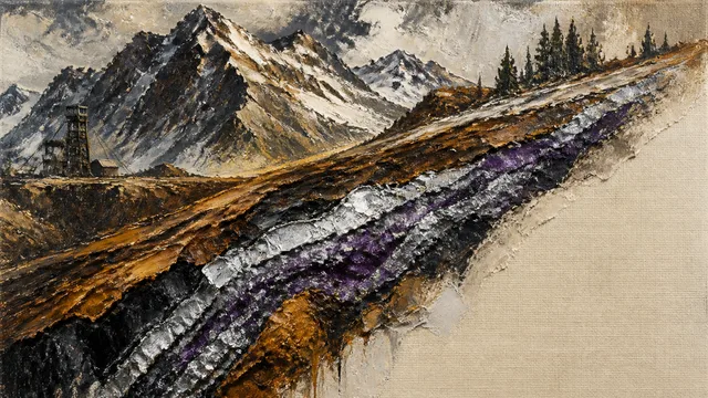 Aerial view of mountainous Montana terrain with a red arrow pointing to a waterfall, highlighting the hidden platinum seam…