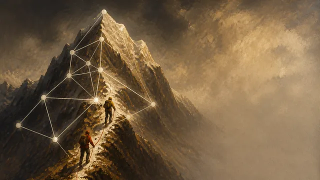 Three mountain peaks with marked points connected by dashed lines and a vertical red line through the center peak,…