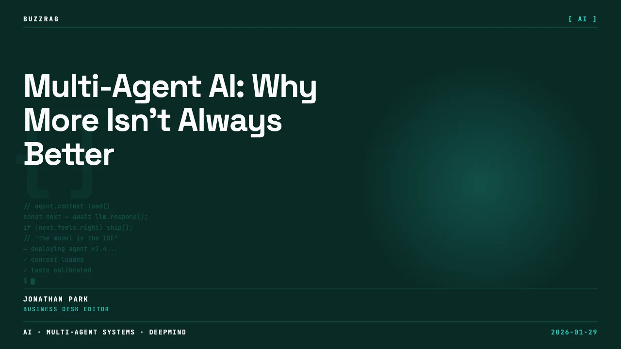 A man gestures while explaining a graph showing performance declining as agent count increases from one to multiple agents.