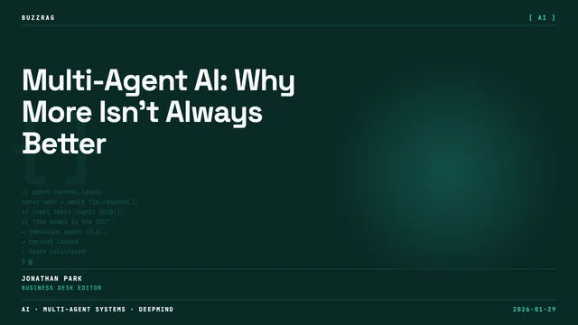A man gestures while explaining a graph showing performance declining as agent count increases from one to multiple agents.