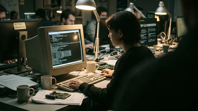 Man with beard and glasses wearing white beanie points at logos for an asterisk app and OpenAI symbol against a bookshelf…