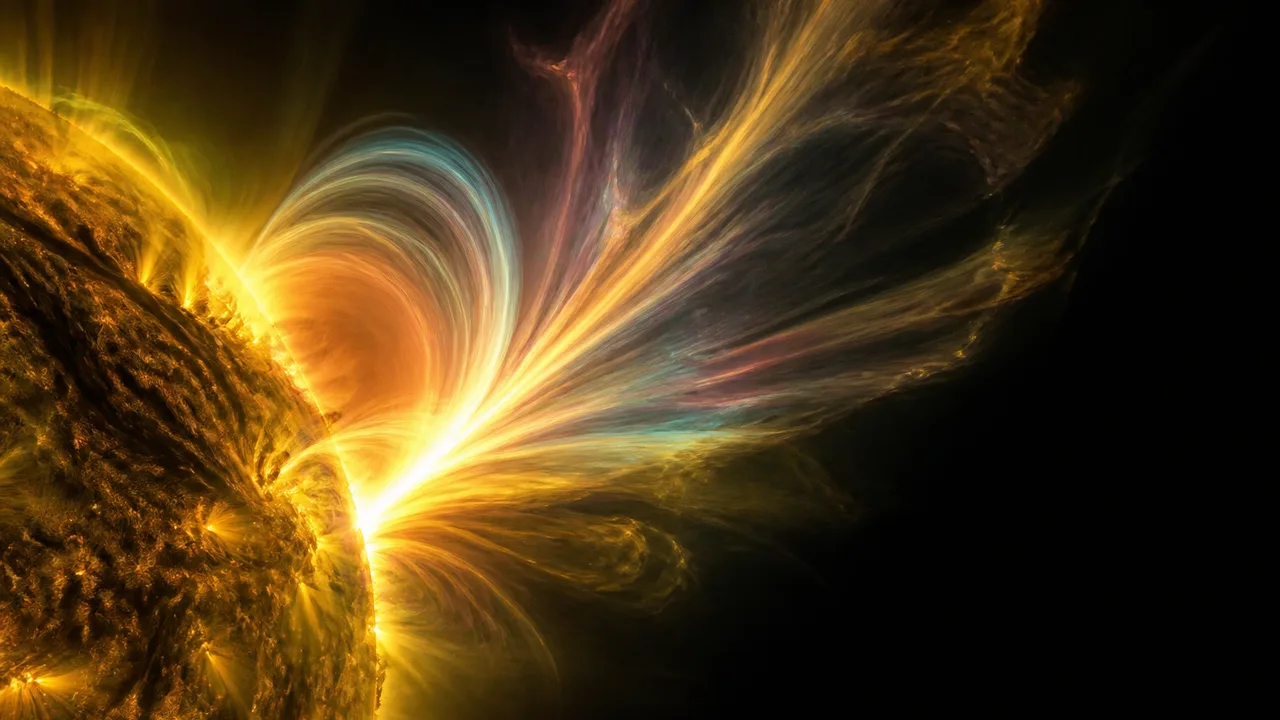 The Sun's massive solar flare extends toward Earth with text warning of a catastrophic 19-day blackout scenario.