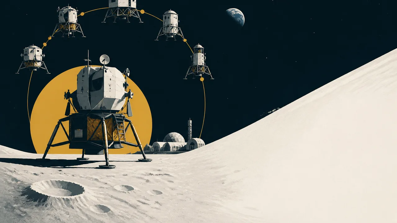Lunar surface with craters and ridges, crescent moon on horizon, spacecraft lights, and NASA logo against black space…