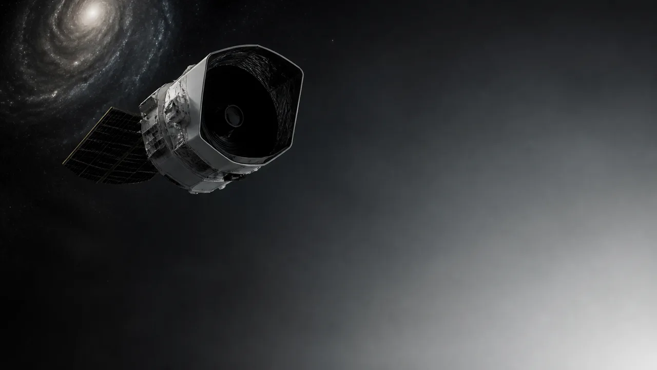 NASA's Nancy Grace Roman Space Telescope against a starry space background with the agency logo in the upper right corner.