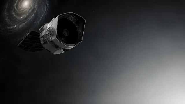 NASA's Nancy Grace Roman Space Telescope against a starry space background with the agency logo in the upper right corner.