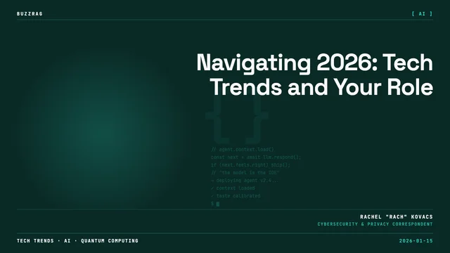 Text overlay reading "10 TECH TRENDS FOR 2026" with Google, OpenAI, and Meta logos, featuring a man's face with an…