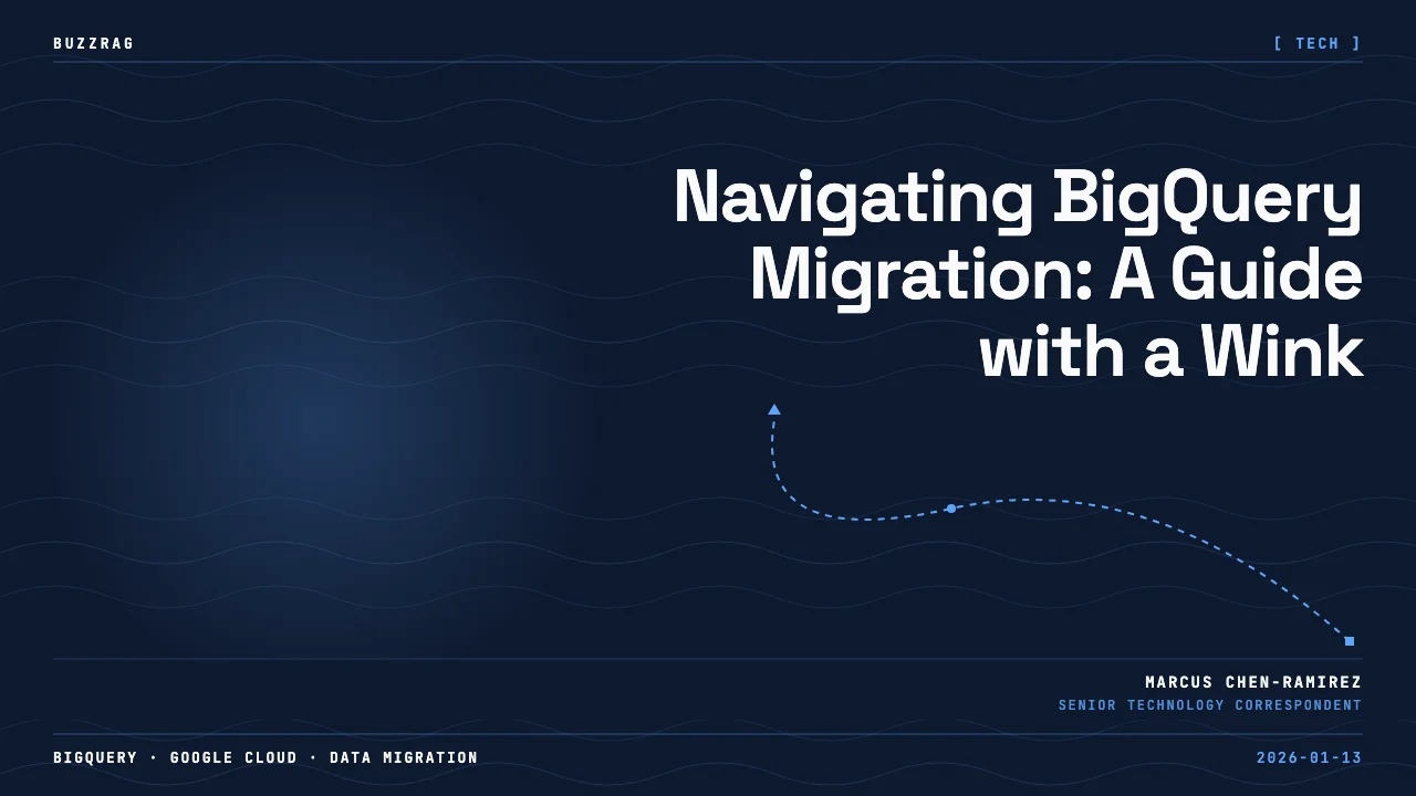 Google Cloud logo with bold text about BigQuery Migration Service featuring SQL and data transfer capabilities on a clean…