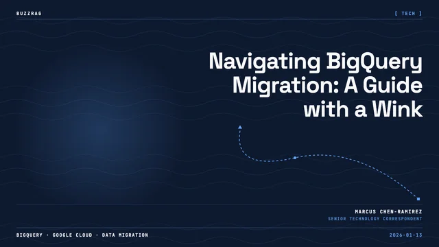 Google Cloud logo with bold text about BigQuery Migration Service featuring SQL and data transfer capabilities on a clean…