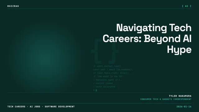 Man with glasses looking upward surrounded by tech job titles (Data Analyst, DevOps, AI Engineer, Data Engineer, Back-End)…