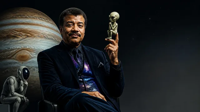 Two men at microphones flank an image of Jupiter against a black background, with white text below asking about Jupiter…