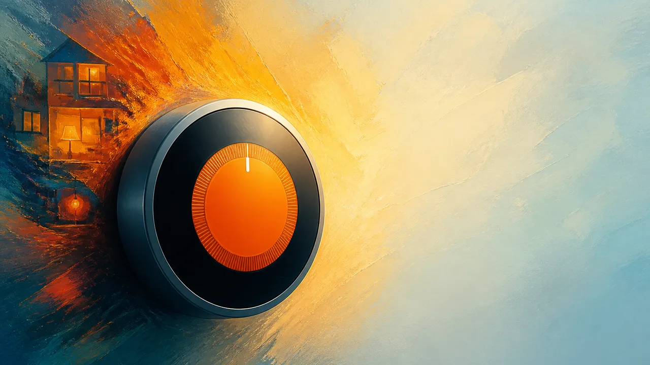 A hand holds a Nest thermostat displaying 68 degrees heating in orange, with large yellow "NEST" text and "Version History"…