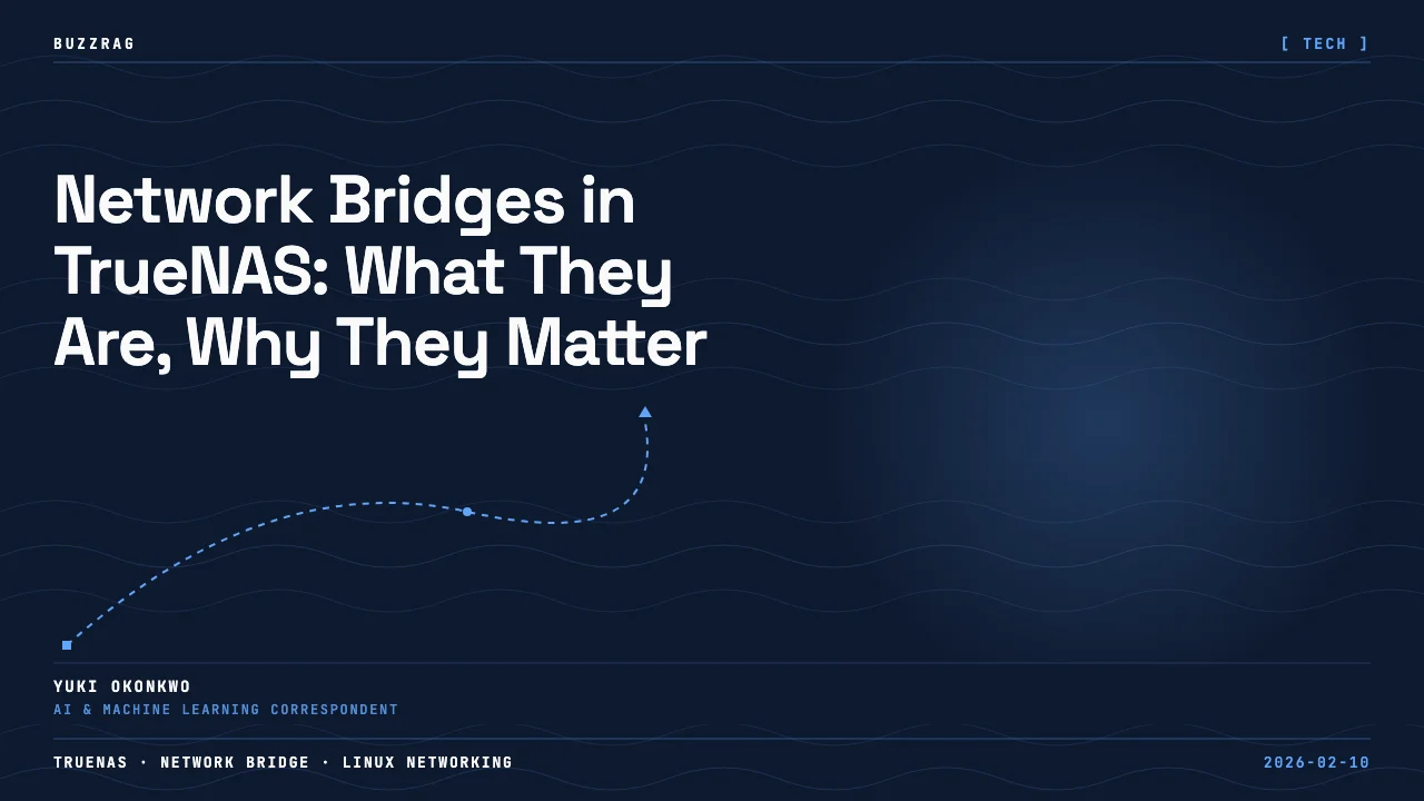 TrueNAS Connect dashboard interface with bridge icon overlay and "Network Bridge Setup" text displayed prominently