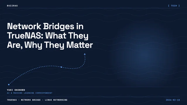 TrueNAS Connect dashboard interface with bridge icon overlay and "Network Bridge Setup" text displayed prominently