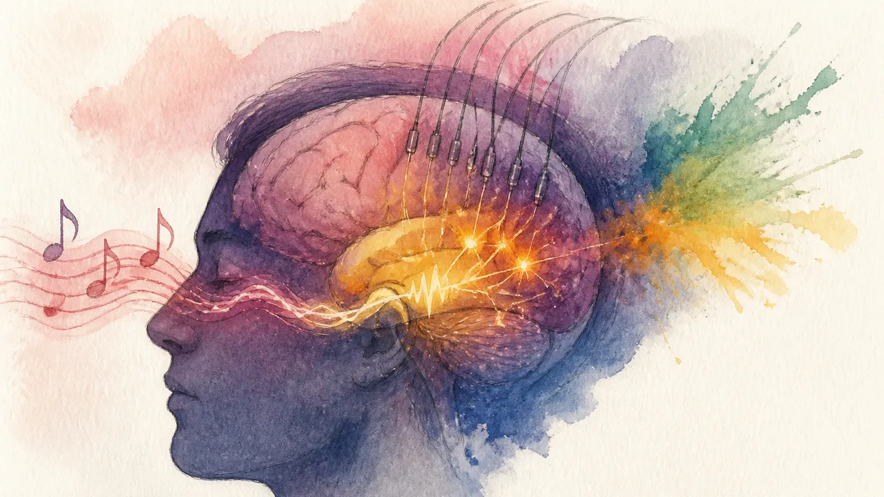 Side-profile woman wearing headphones with a glowing brain overlay beside the text YOUR BRAIN ON MUSIC
