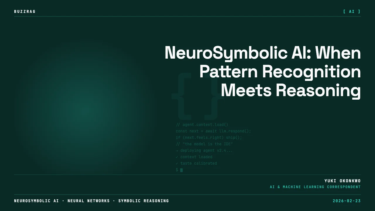 A woman in a "think series" video explains neuro-symbolic AI concepts with text overlays defining the terminology against a…