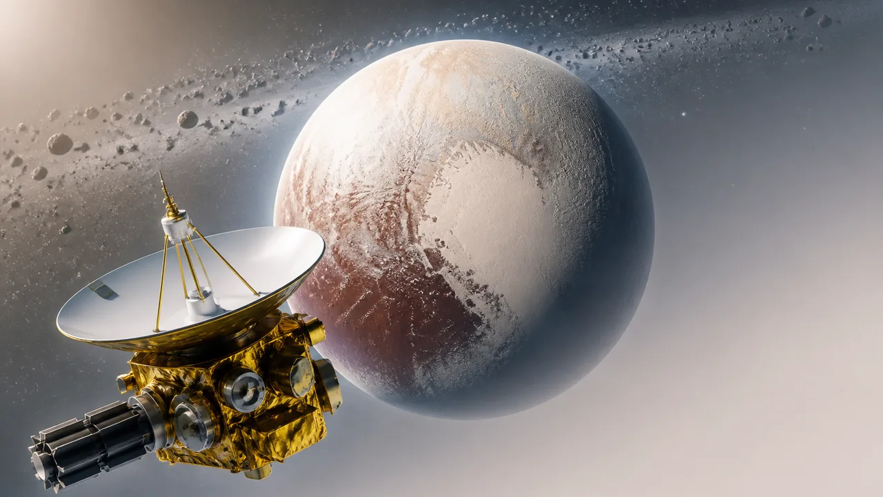 Space satellites and Pluto against a starfield with the documentary title overlaid in large white text.