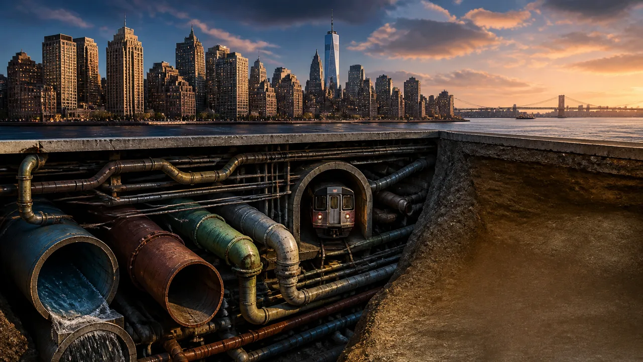 Urban construction site with exposed underground pipes, cables, and infrastructure beneath city streets surrounded by metal…