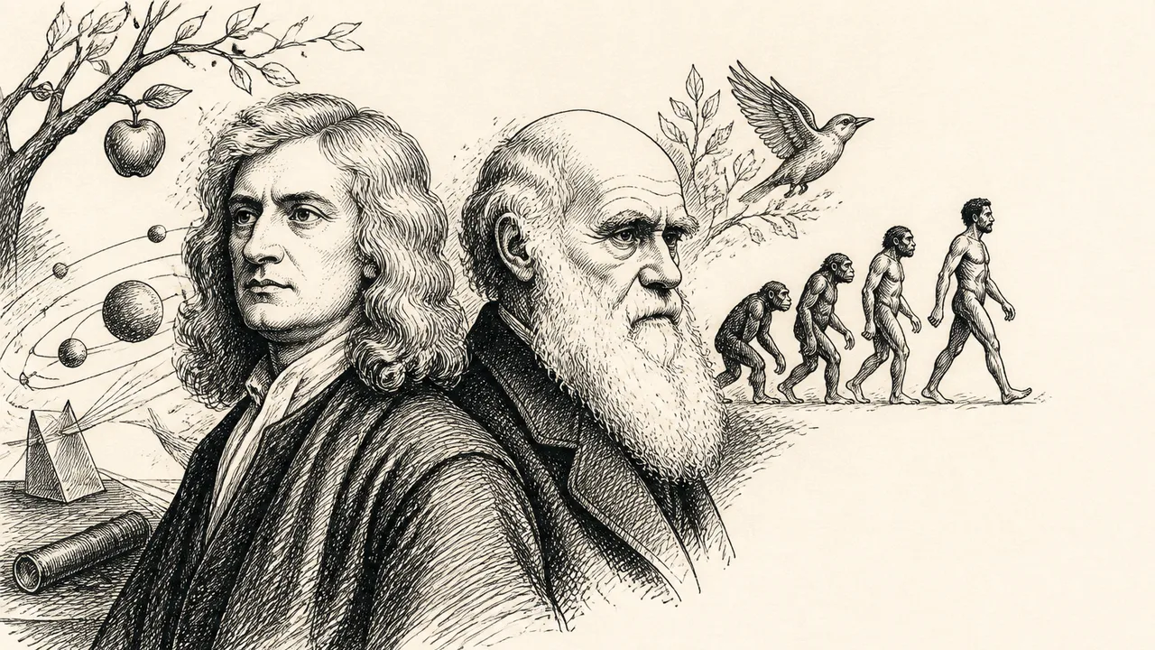 Two historical figures with long hair and beards face the camera against a green background, with one holding a red apple,…