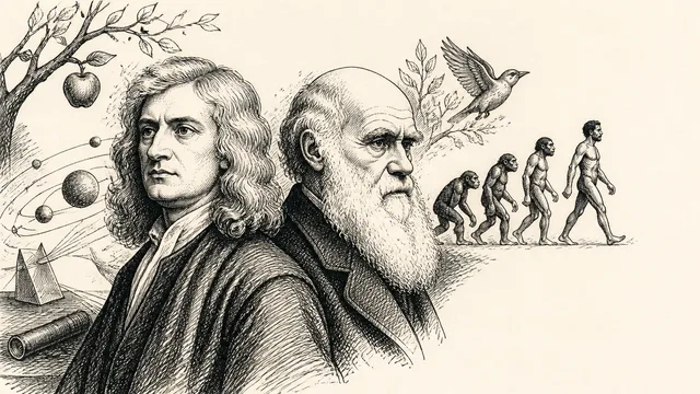 Two historical figures with long hair and beards face the camera against a green background, with one holding a red apple,…